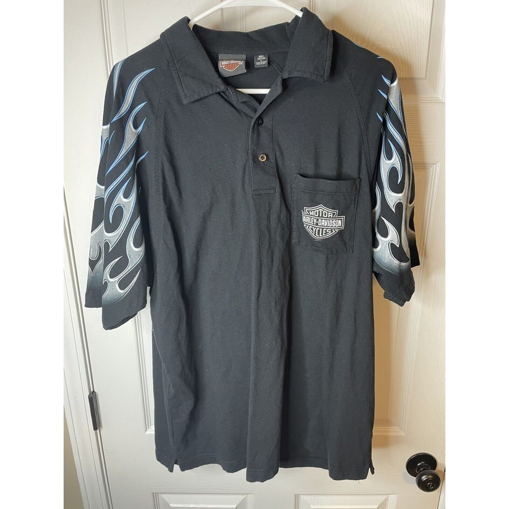 Harley Davidson Pocket Polo Shirt Large Black Blue Flames Sleeves Beach House